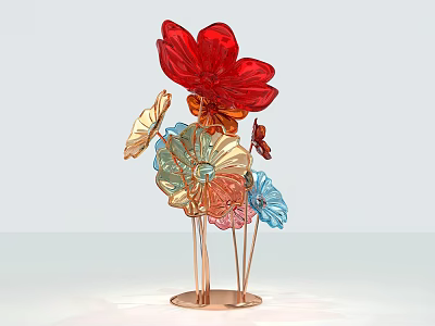 Colorful Flower Shaped Decorative Ornament Set With Glass Petals And Copper Metal Base 3d model