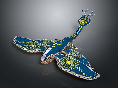Blue Dragon Shaped Sculpture With Yellow Patterns And Decorative Wings 3d model
