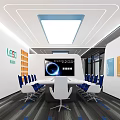 Modern Meeting Room With Long Table Blue White Chairs Glass Partitions And Orange Square Decorations