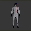 Racing Character With Blue Helmet White Jumpsuit Red Black Stripes Black Gloves And Boots