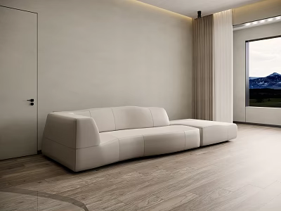 White Modern Minimalist Sectional Sofa In Bright Living Room With Wooden Floor And Scenic Window View 3d model