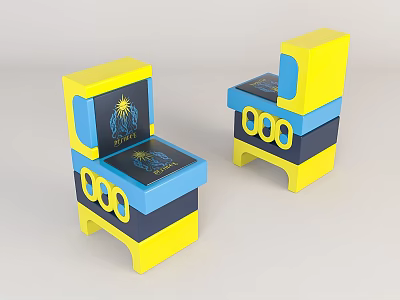 Vibrant Leisure Chair with Yellow Blue Modular Design Geometric Shape Circular Cutouts and Sunburst Pattern 3d model