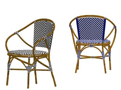 Rattan Leisure Chairs With Blue And White Chevron Pattern Backrest And Seat Cushion 3d model