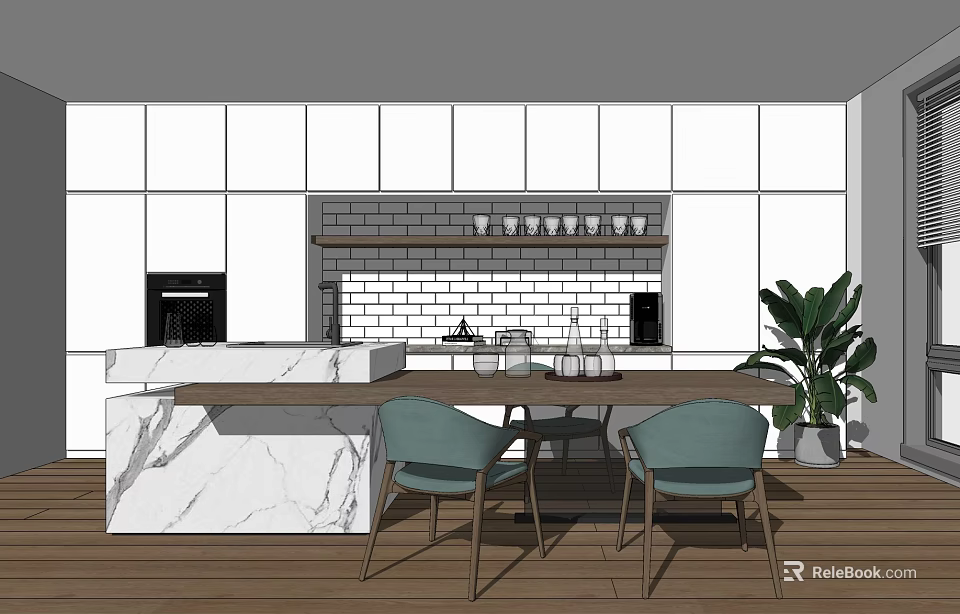 Modern Dining Table Set In Open Kitchen With Green Chairs And Marble Top 3d model