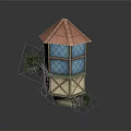 Medieval Style Tower With Red Tiled Roof Blue Lattice Windows And Climbing Plants