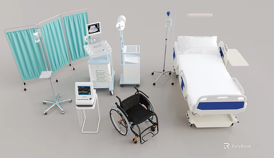 Essential Medical Devices For Hospitals Including Bed Wheelchair Monitor And IV Equipment 3d model 