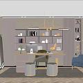 Modern Study Room Interior With Wooden Desk Built-in Bookshelves Chandelier And Comfortable Chair