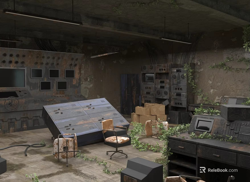 Abandoned Monitoring Room With Rusted Control Panels Collapsed Equipment Dilapidated Furniture And Vine Covered Walls 3d model 
