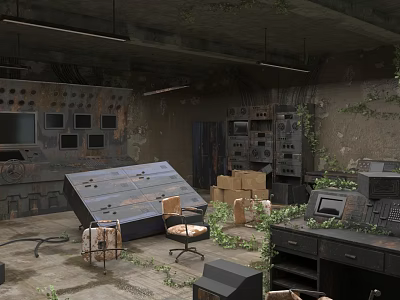 Abandoned Monitoring Room With Rusted Control Panels Collapsed Equipment Dilapidated Furniture And Vine Covered Walls 3d model