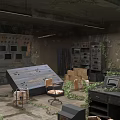 Abandoned Monitoring Room With Rusted Control Panels Collapsed Equipment Dilapidated Furniture And Vine Covered Walls