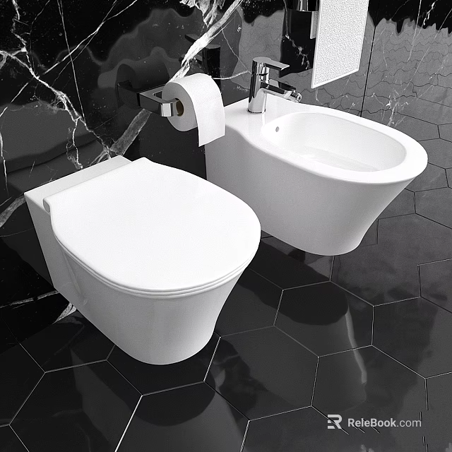 Modern Wall Mounted Toilet with Bidet and Toilet Paper Holder in Bathroom Hexagon Tiles 3d model 