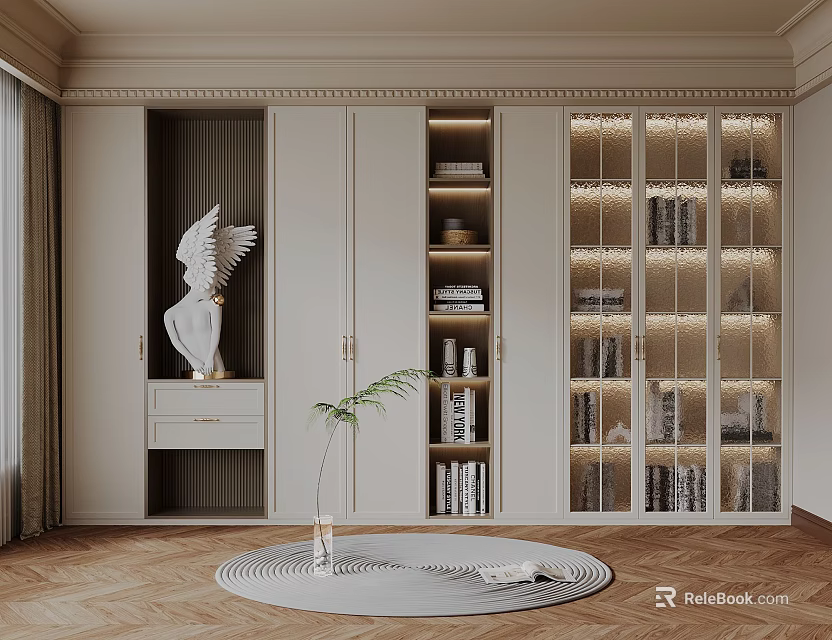 Elegant Modern Bookcase With Glass Doors LED Lighting Round Rug And White Statue 3d model 