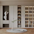 Elegant Modern Bookcase With Glass Doors LED Lighting Round Rug And White Statue