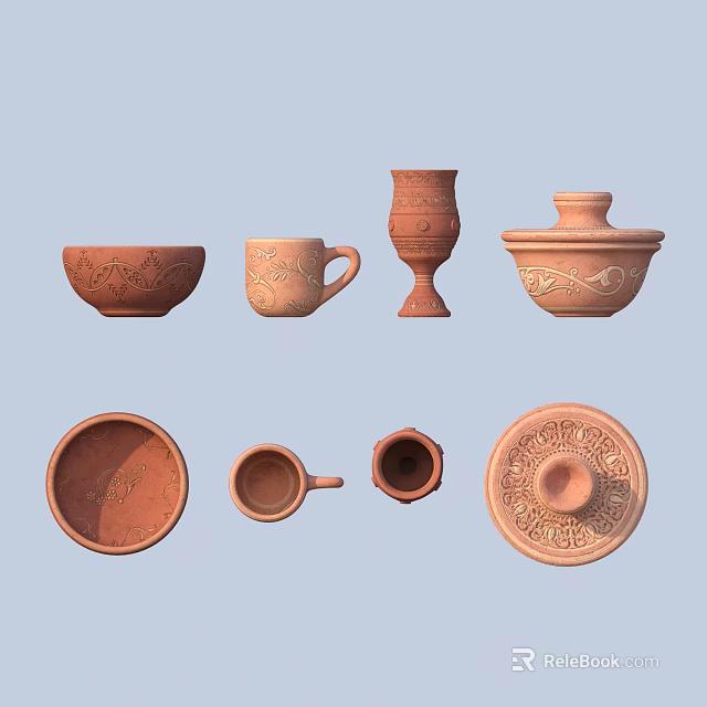 Handcrafted Terracotta Ceramic Vessels With Carved Patterns And Various Shapes 3d model 