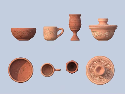 Handcrafted Terracotta Ceramic Vessels With Carved Patterns And Various Shapes 3d model