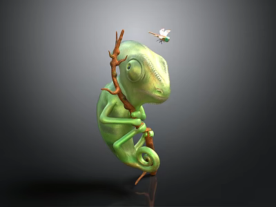Green Chameleon Clinging To Branch As Small White Butterfly Flies Nearby 3d model