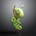 Green Chameleon Clinging To Branch As Small White Butterfly Flies Nearby