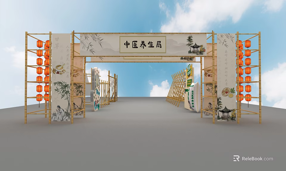 Traditional Chinese Medicine Health Themed Photo Spot With Bamboo Archway Lanterns And Ink Paintings 3d model 