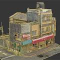 Cartoon Urban Street Scene With Old Multi Story Building And Colorful Awnings