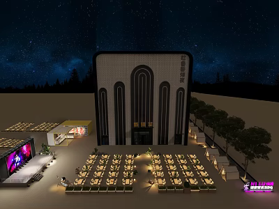 Modern Commercial Venue Under Starry Night With Outdoor Performance Stage And Tidy Comfortable Dining Areas 3d model