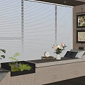 Modern Bay Window Interior With Window Blinds Plants And Cushions Decorations