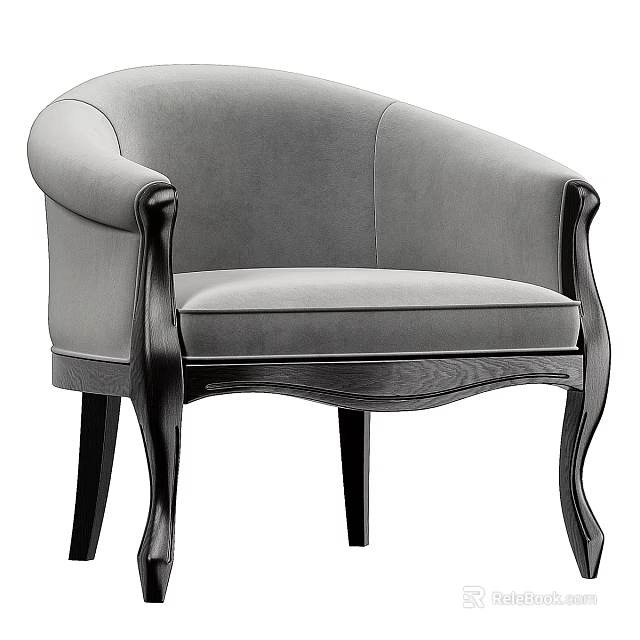 Stylish Grey Velvet Leisure Chair with Curved Armrests and Wooden Legs 3d model 