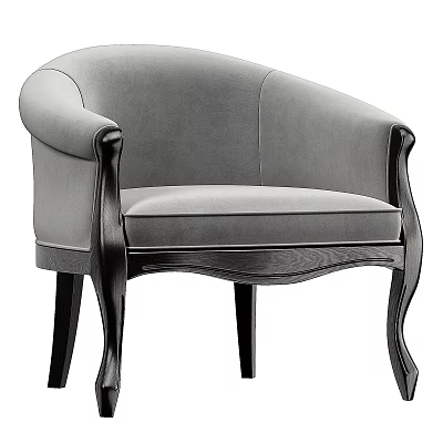 Stylish Grey Velvet Leisure Chair with Curved Armrests and Wooden Legs 3d model