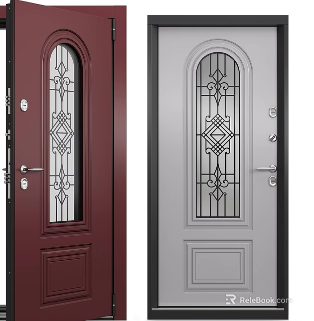 Stylish Dark Red And Light Gray Swing Doors With Arched Glass Panels And Decorative Patterns 3d model 