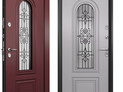 Stylish Dark Red And Light Gray Swing Doors With Arched Glass Panels And Decorative Patterns 3d model