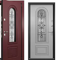 Stylish Dark Red And Light Gray Swing Doors With Arched Glass Panels And Decorative Patterns