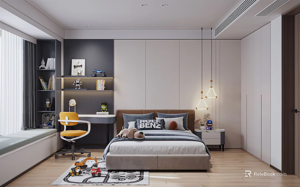 Kids Room Interior Design With Bed Desk Chair Bookshelf Toys And Pendant Lights On Rug 3d model 