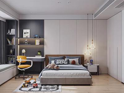 Kids Room Interior Design With Bed Desk Chair Bookshelf Toys And Pendant Lights On Rug 3d model