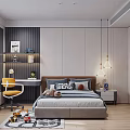 Kids Room Interior Design With Bed Desk Chair Bookshelf Toys And Pendant Lights On Rug