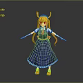Game Anime Character with Blonde Hair Horns Blue Dress Red Ribbon and White Cuffs