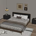 Modern Double Bed with Wooden Frame Pillows and Nightstands on Wooden Floor with Wall Art