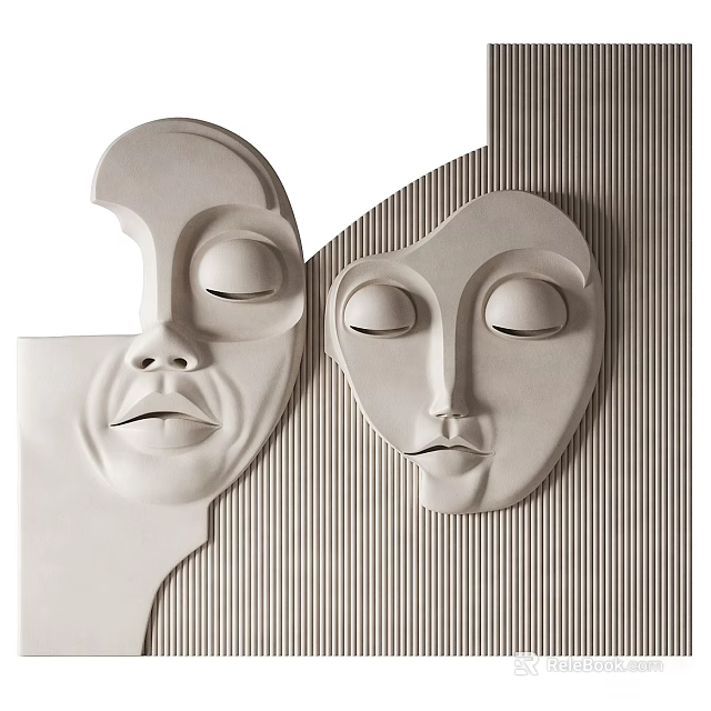 Modern Minimalist Decorative Ornament Set With Two Beige Mask Sculptures On Textured Background 3d model 