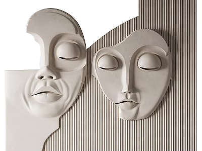 Modern Minimalist Decorative Ornament Set With Two Beige Mask Sculptures On Textured Background 3d model