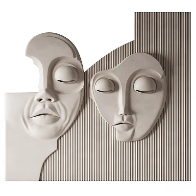 Modern Minimalist Decorative Ornament Set With Two Beige Mask Sculptures On Textured Background 3d model