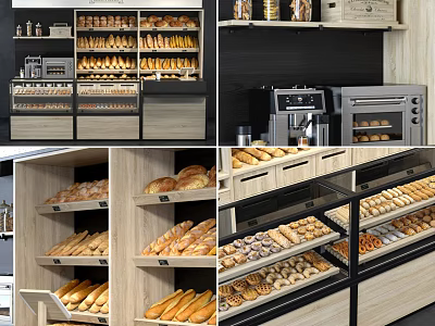 Bakery Display Shelves Filled With Various Breads And Pastries In Modern Shop 3d model