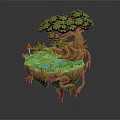 Cartoon Scene of Floating Island with Large Tree Small Pond Red Mushrooms Green Grass Vines