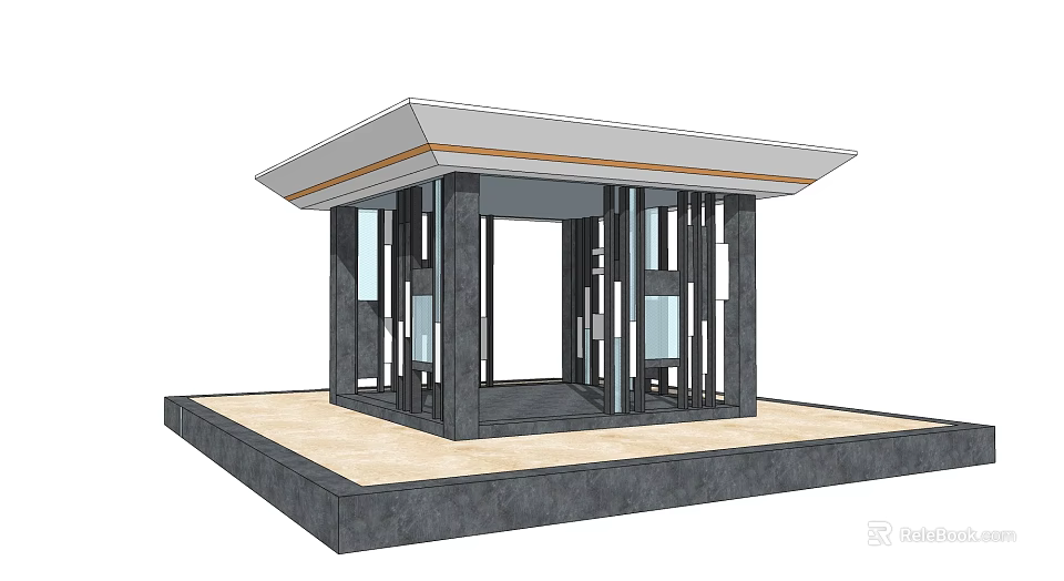 Modern Kiosk Structure With Glass Windows Gray White Design And Platform Base 3d model 