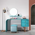 Modern Turquoise Vanity Table With Round Mirror Stool And Cosmetics Drawers 3d model