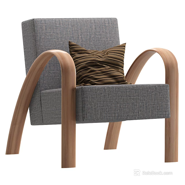 Modern Single Sofa With Gray Fabric Wooden Curved Arms And Brown Striped Cushion 3d model 