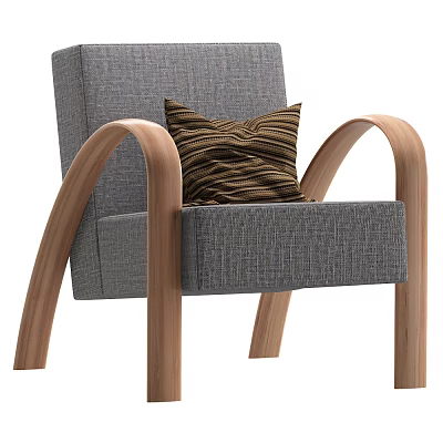 Modern Single Sofa With Gray Fabric Wooden Curved Arms And Brown Striped Cushion 3d model