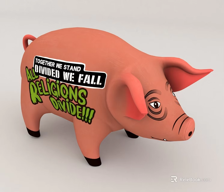 Decorative Pink Pig Sculpture Carving Featuring Together We Stand Divided We Fall Religions Suck Text 3d model 