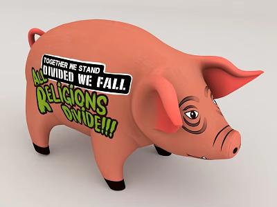 Decorative Pink Pig Sculpture Carving Featuring Together We Stand Divided We Fall Religions Suck Text 3d model