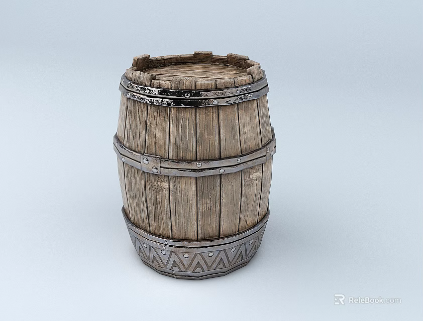 Barrel Shaped Ceramic Ware With Wood Grain Pattern And Decorative Metal Hoops On Base 3d model 
