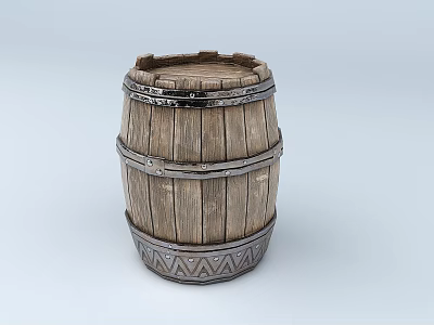 Barrel Shaped Ceramic Ware With Wood Grain Pattern And Decorative Metal Hoops On Base 3d model