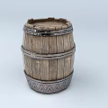 Barrel Shaped Ceramic Ware With Wood Grain Pattern And Decorative Metal Hoops On Base