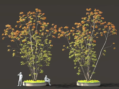 Potted Bonsai Trees With Orange Green Leaves In White Pots And Small Figures 3d model